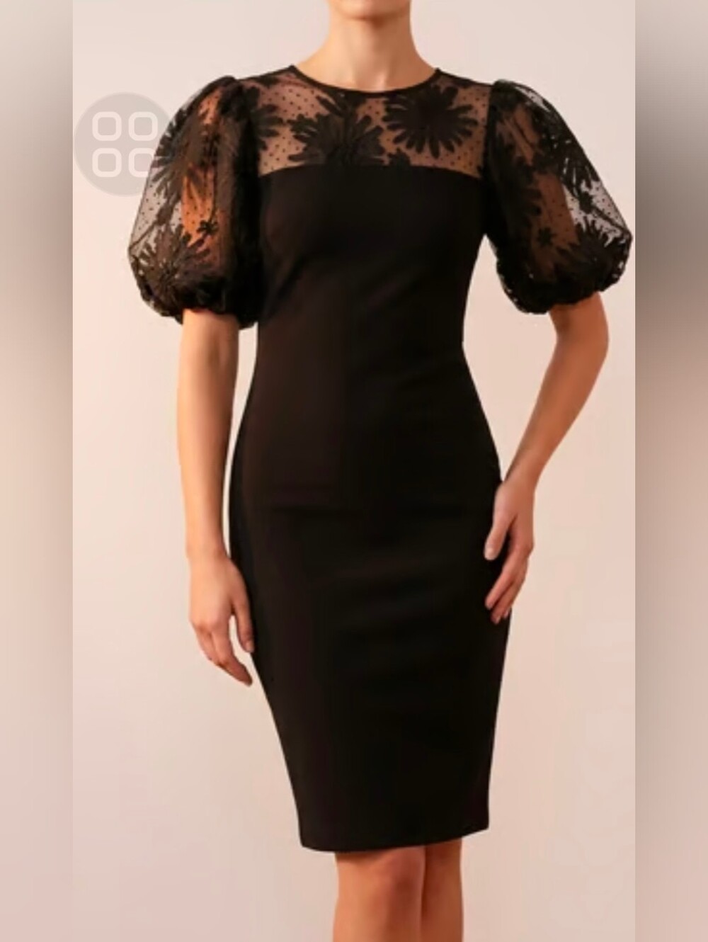Black Midi Dress with Floral Sheer Yoke and Puff Sleeves Strechy Dress